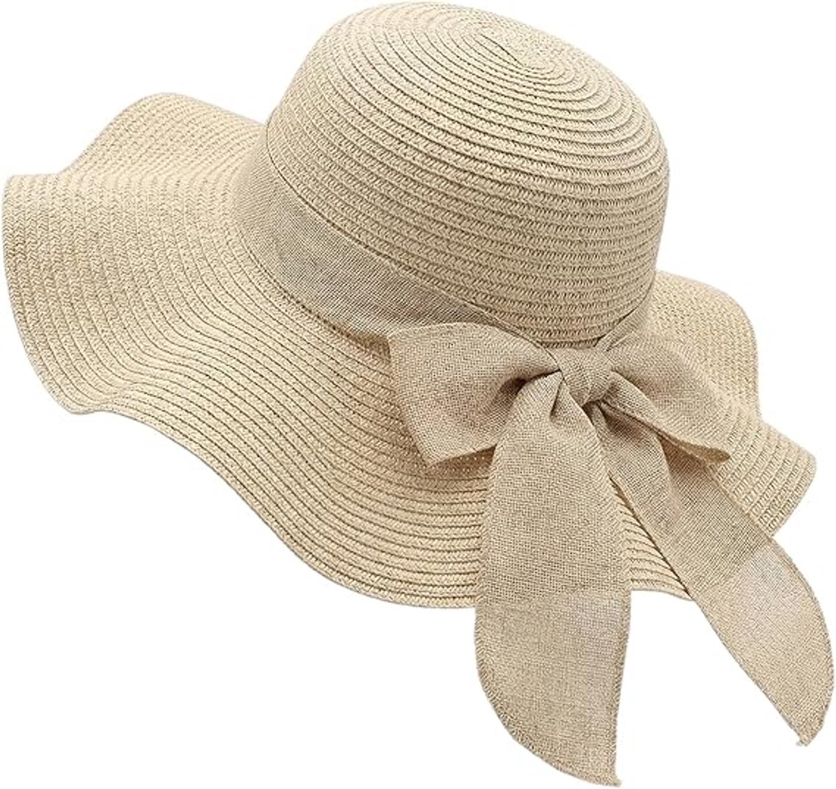 VHV-Premium Zonnehoed Dames - UPF 50+ UV-bescherming Strooien Hoed - Brede Rand met Elegante Strik - Opvouwbare Strandhoed voor Vakantie en Reizen - Beige