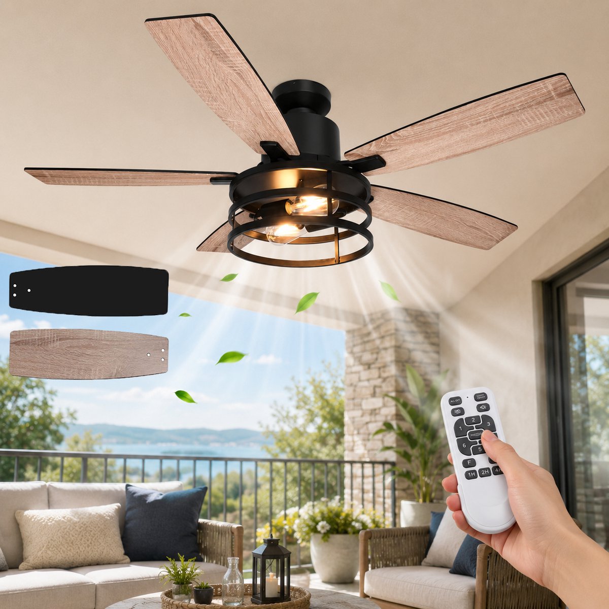MUPOO Plafondventilator met Verlichting 112cm - Energiezuinige DC Motor&Afstandsbediening-Muisstil <35DB- Zomer- en winterstand-6 Snelheden & Timer-Inclusief 2 Lampen - ventilator lamp plafond voor Slaapkamer en Keuken-Walnoot