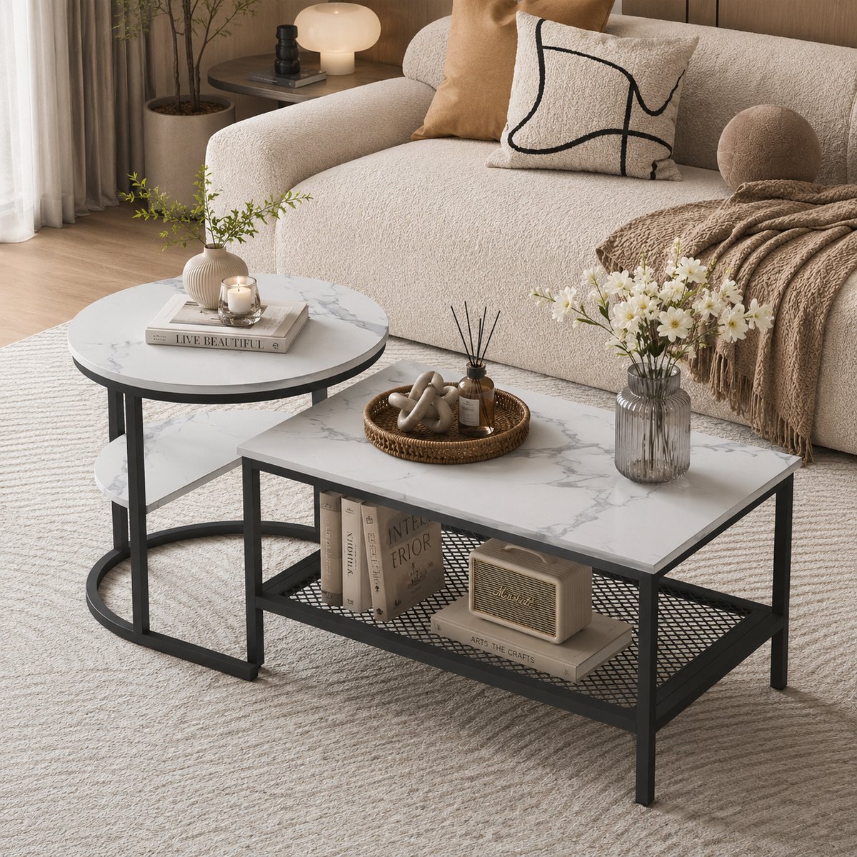 Salontafel Vierkante - Set van 2 - schuifbare bijzettafel - met 4 Niveaus - bijzettafelset voor woonkamer - Wit Marmerpatroon - 80/52 cm - Metalen frame Zwart