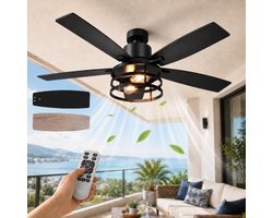 MUPOO Zwart Industrieel XXL Plafondventilator met Verlichting 132 cm -DC Motor <30dB&Afstandsbediening -Zomer- en winterstand- 6 Snelheden & Timer -voor Eetkamer ,Woonkamer & Terras-Walnoot
