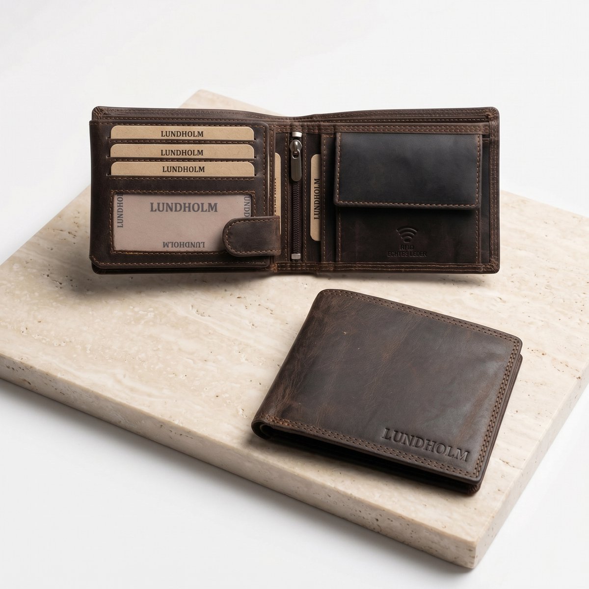 Lundholm Leren portemonnee heren leer portefeuille heren - cadeau voor man mannen cadeautjes heren portemonnee portefeuille - Heren RFID Billfold Bruin Hoogwaardig Rundleer