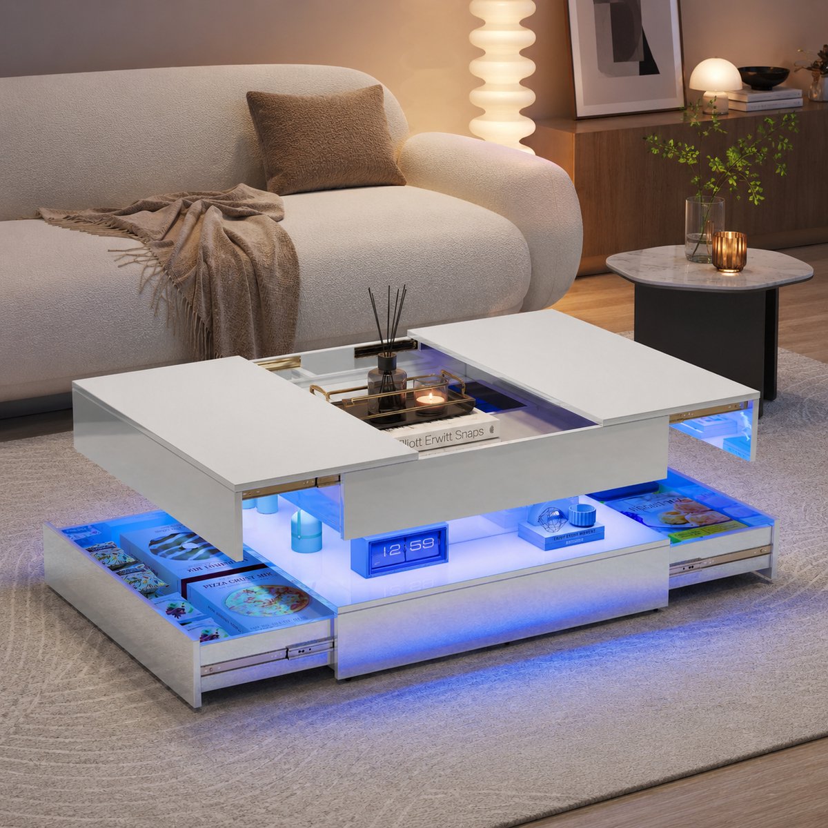 Salontafels Koffietafel - Salontafel Met LED Verlichting en 2 Lades - Sterk 60kg - Met opslagfunctie - Woonkamer Tafel - 78x78x43cm - Spaanplaat - Wit