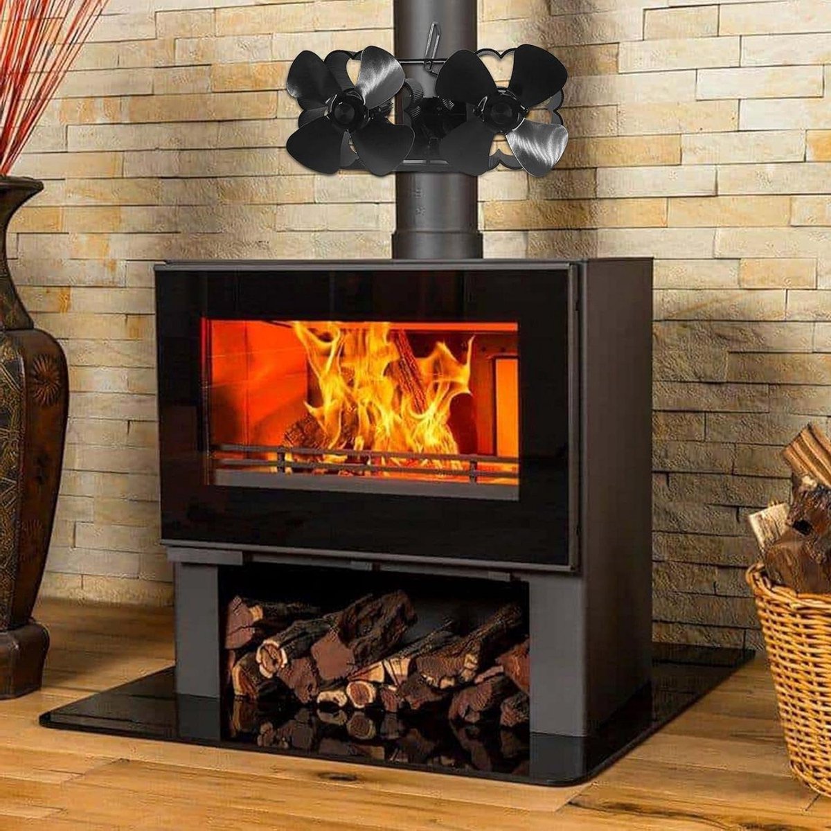 Kachelventilator - Haardventilator Ovenventilator - Warmte Verspreiden - Warmte Aangedreven Dubbele Motor - 28.3 x 19.7 x 14.7 cm - Zwart