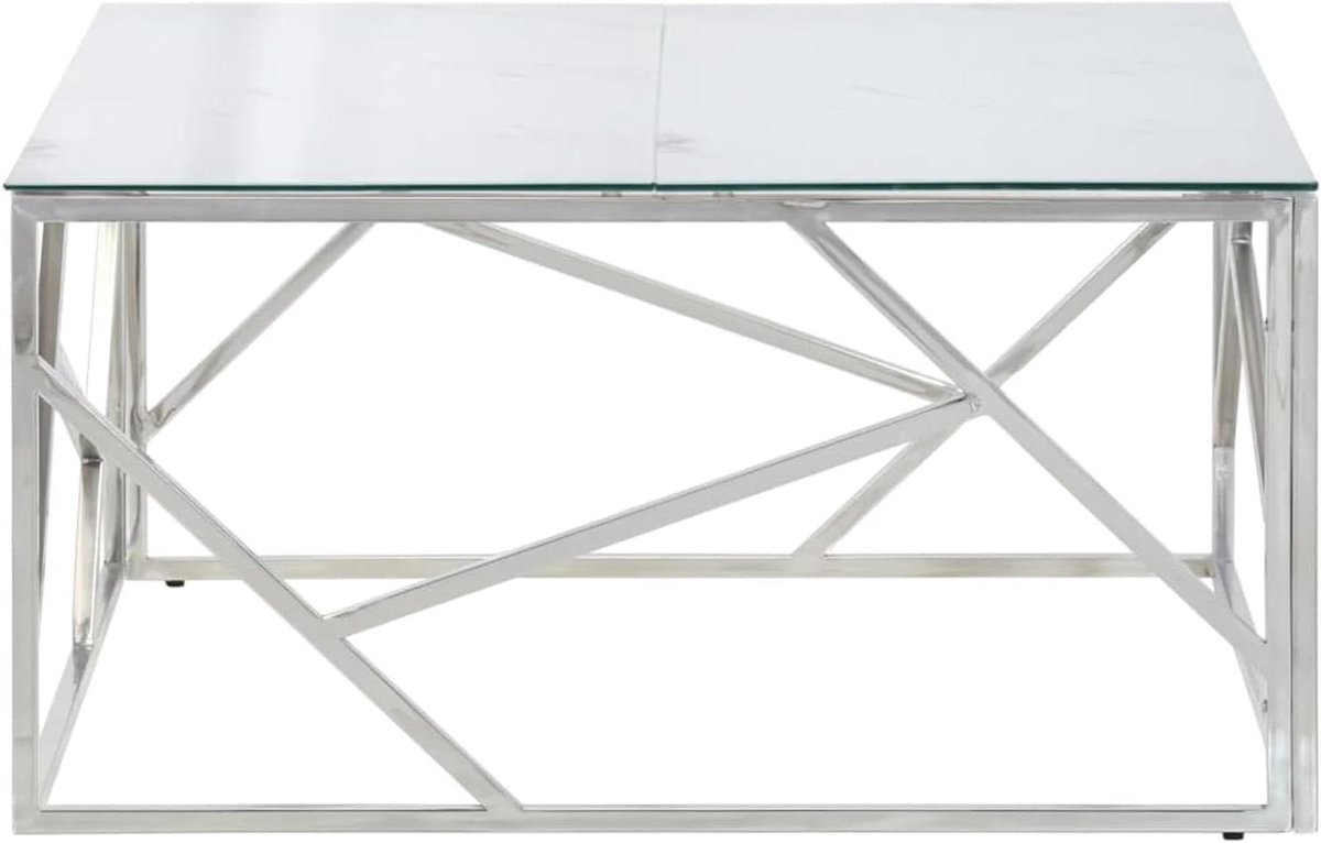 Salontafel - Bijzettafel Koffietafel - Woonkamer Inrichten - Marmerlook Glasblad - 80 x 80 x 40 cm - Zilver en Wit