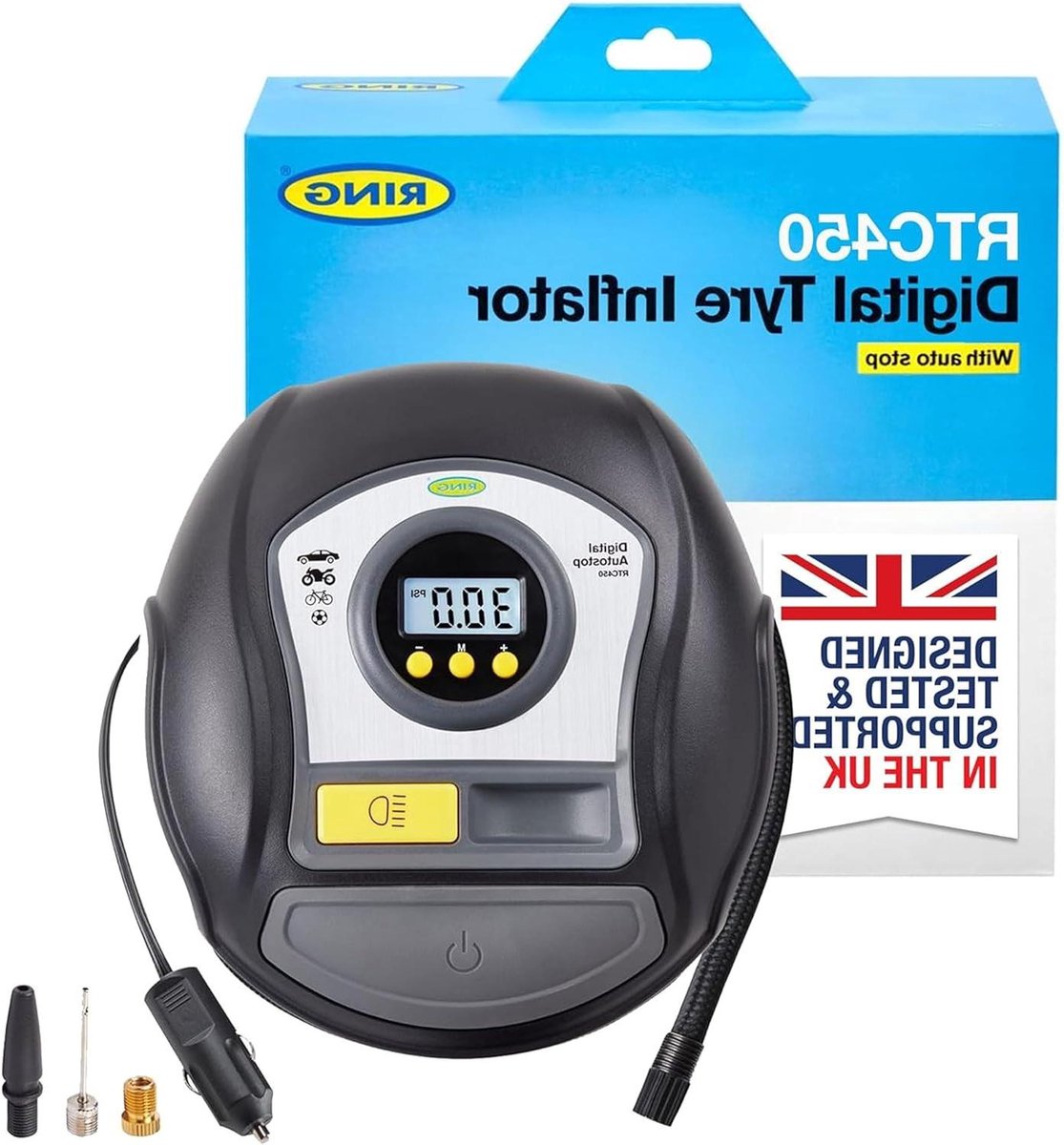 Digitale bandenpomp - Automatische bandenpomp Compressor - Banden oppompen - Automatische stop functie - 50cm slang - Zwart grijs geel