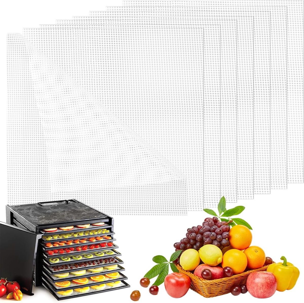 Set van 8 Herbruikbare Droogfilms voor Dehydrator - Siliconen Vellen 14 x 14 Inch, Antiaanbaklaag, BPA-vrij, Ideaal voor Fruit en Groenten