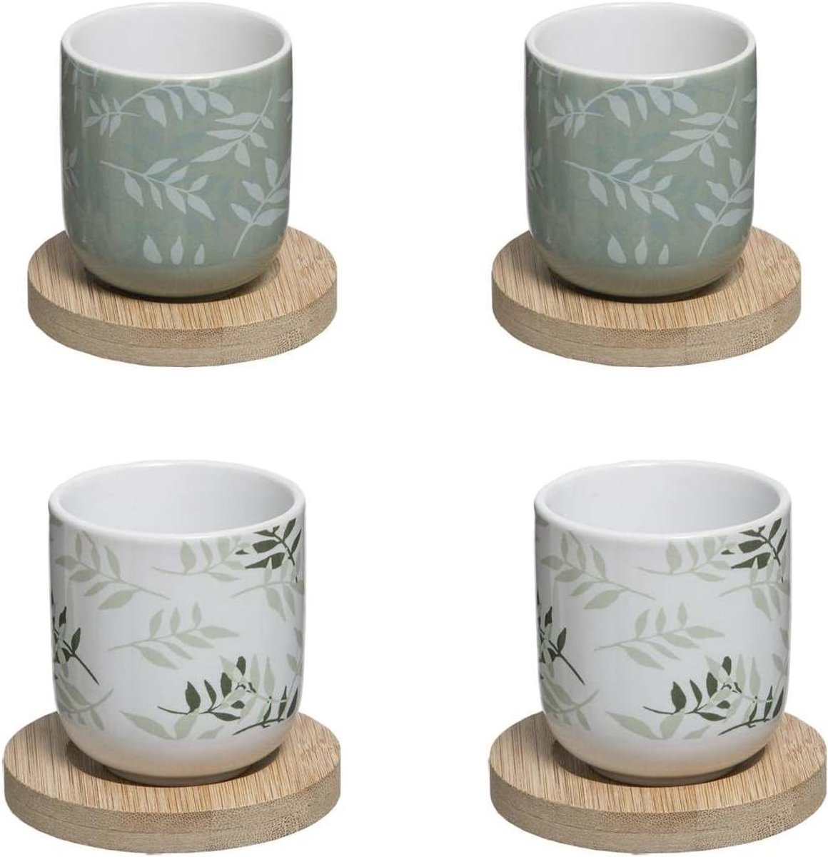 Stenen Mokken Set - Thee Mokken - Koffie Drinken - Met Bamboe Onderzetters - 13 cl - Groen