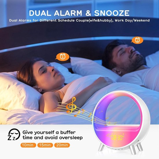 Slimme Wekker - Nachtlampje Speaker - Ochtend Routine Verbeteren - Draadloos Opladen - 9 Lichtmodi - Wit — afbeelding 4