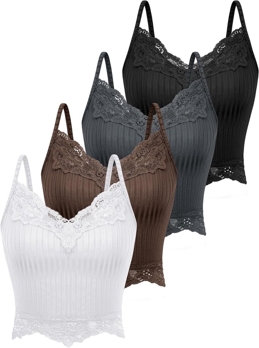 Lace Y2K Tank Tops voor Vrouwen - Fairy Grunge Cropped Tops met Kanten en Ribbelstructuur - Set van 4 Stuks voor Casual Mode