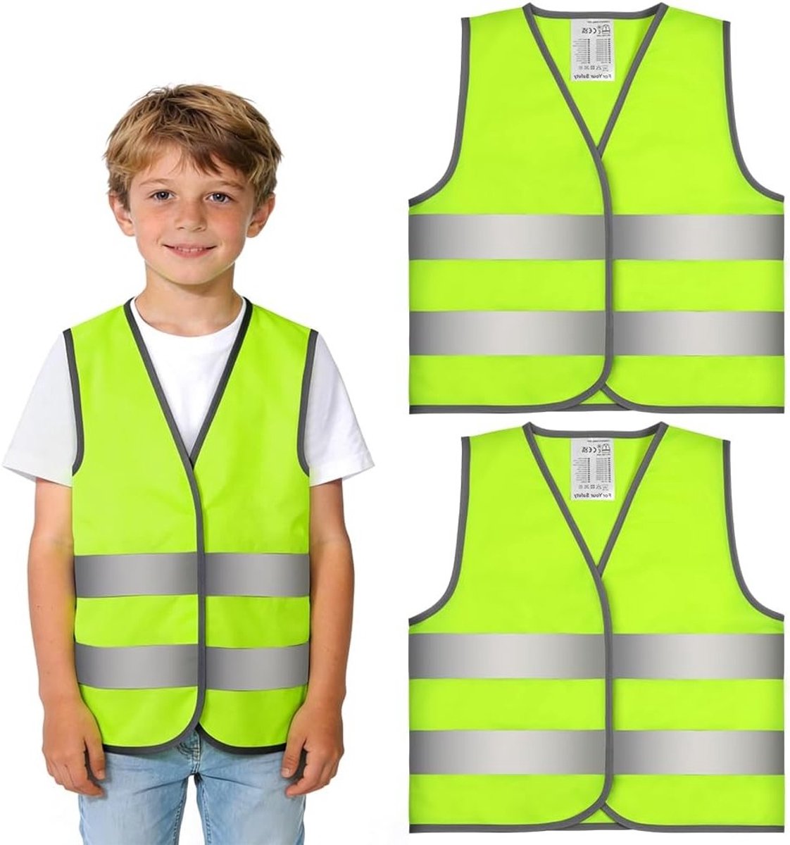 Veilige Kindervesten 2-Pack met 360° Reflecterende Strepen voor Fietsen, School, Sport en Hardlopen (Geel, XL)