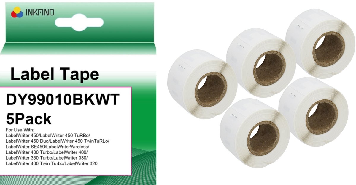 INKFIND 99010 label 28 x 89 mm Wit Zwart (5 Pack) Geschikt voor Dymo Labelwriter