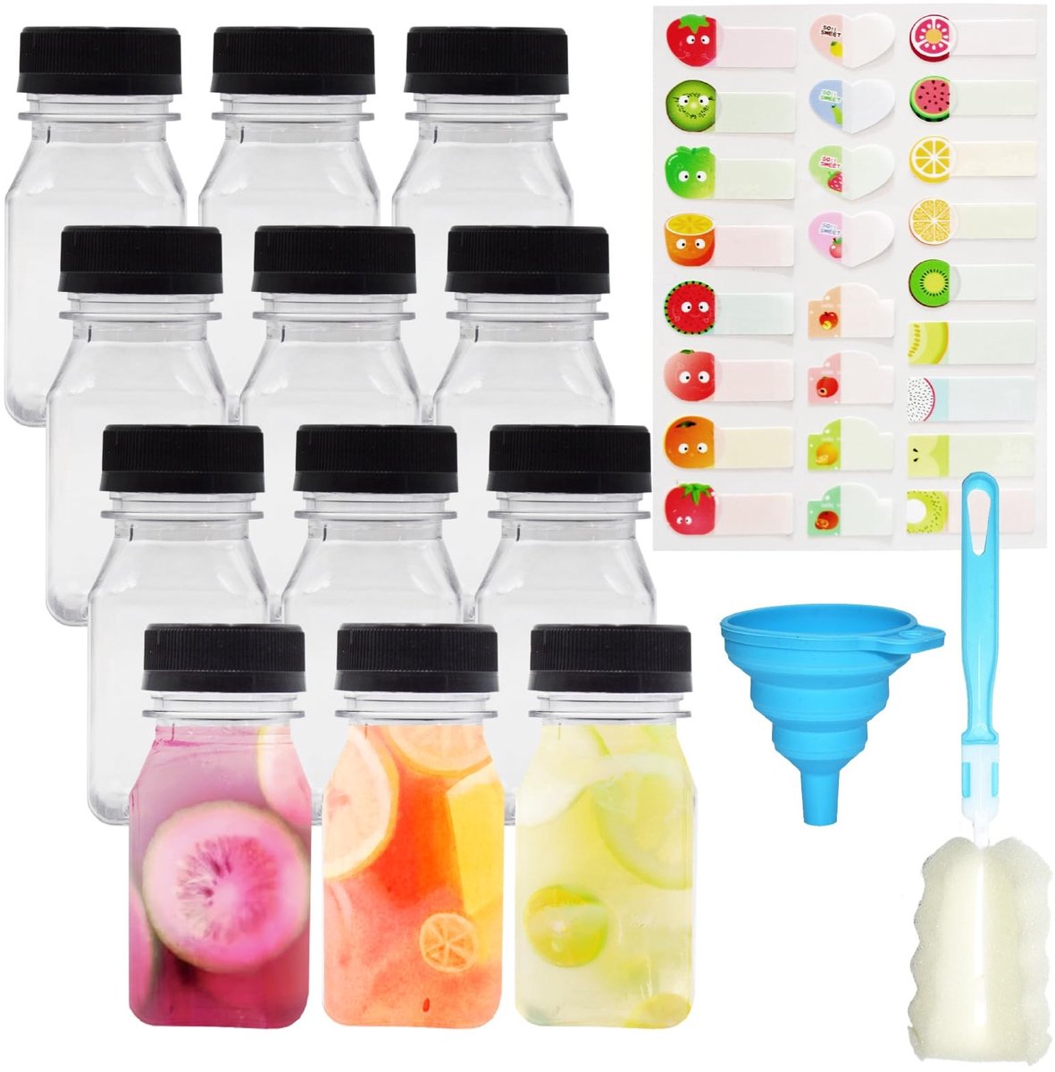 Dailygoody - Lege Plastic Sapflessen - Herbruikbare Smoothie Fles - Inclusief Schoonmaakborstel en Trechter - Zwart - Voor Dranken - 120 ml - Geschikt...