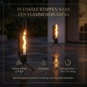 Zwarte pelletfakel met glazen koker en vlam op driepoot, met icoontjes voor vullen en aansteken.