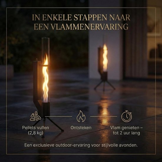 Zwarte pelletfakel met glazen koker en vlam op driepoot, met icoontjes voor vullen en aansteken.