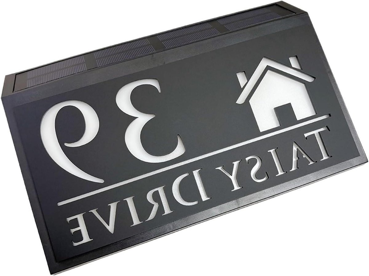 Huisnummer Bord - Adresplaat Verlicht - Buiten Decoratie - Zonne-energie Verlichting - 280mm x 180mm - Mat Zwart
