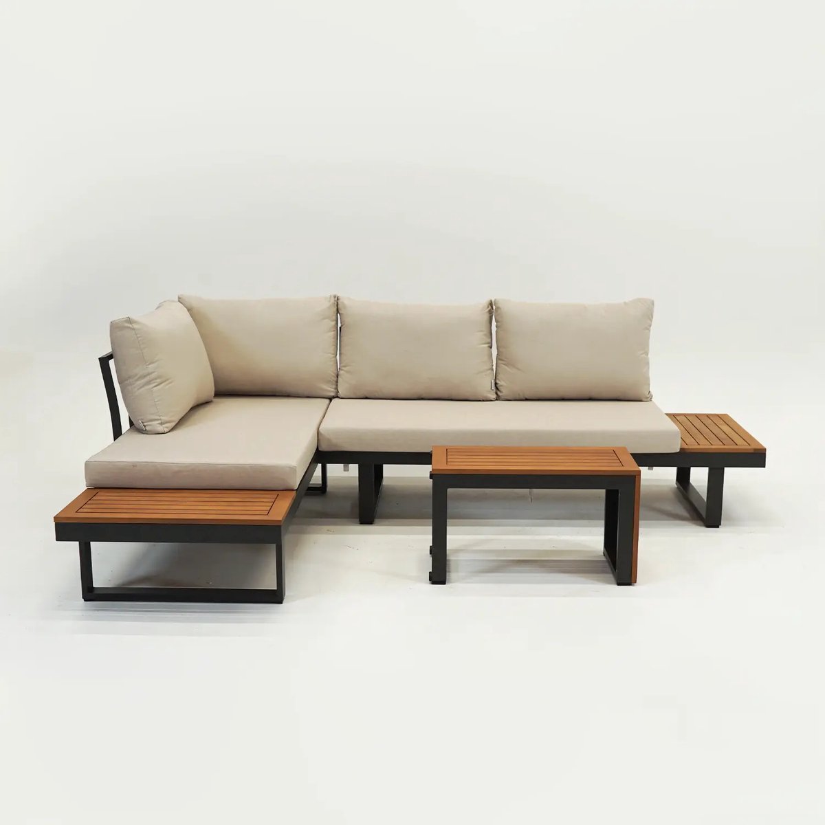 Vita - Olympia loungeset - creme kussens - 5 opstellingen mogelijk - teaklook zij panelen - met tafel - met stelpootjes