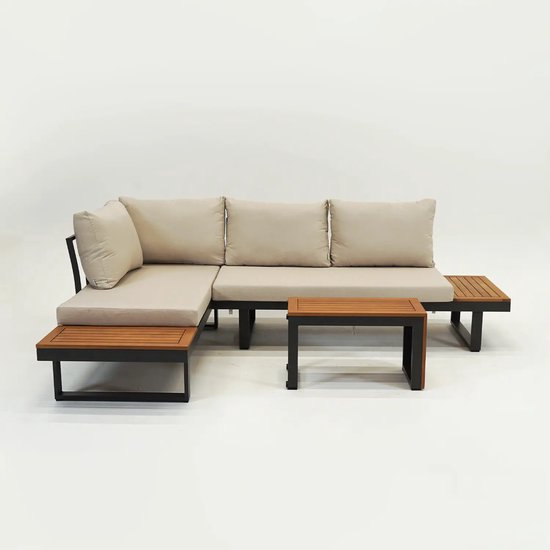 Vita - Olympia loungeset - creme kussens - 5 opstellingen mogelijk - teaklook zij panelen - met tafel - met stelpootjes