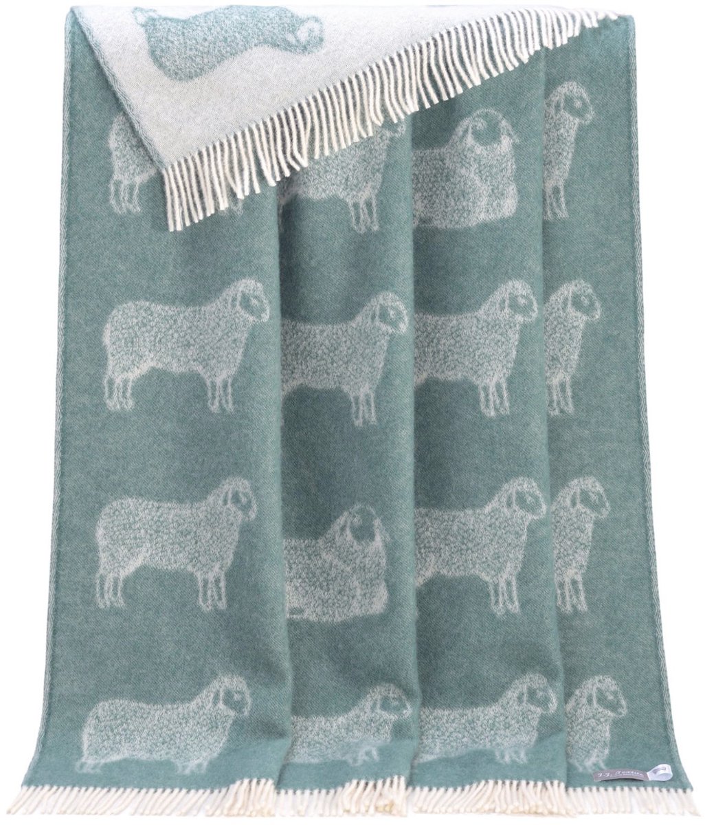 JJ Textile Wollen Plaid - TEAL SHEEP (Blauw) 130x190cm - Made in UK