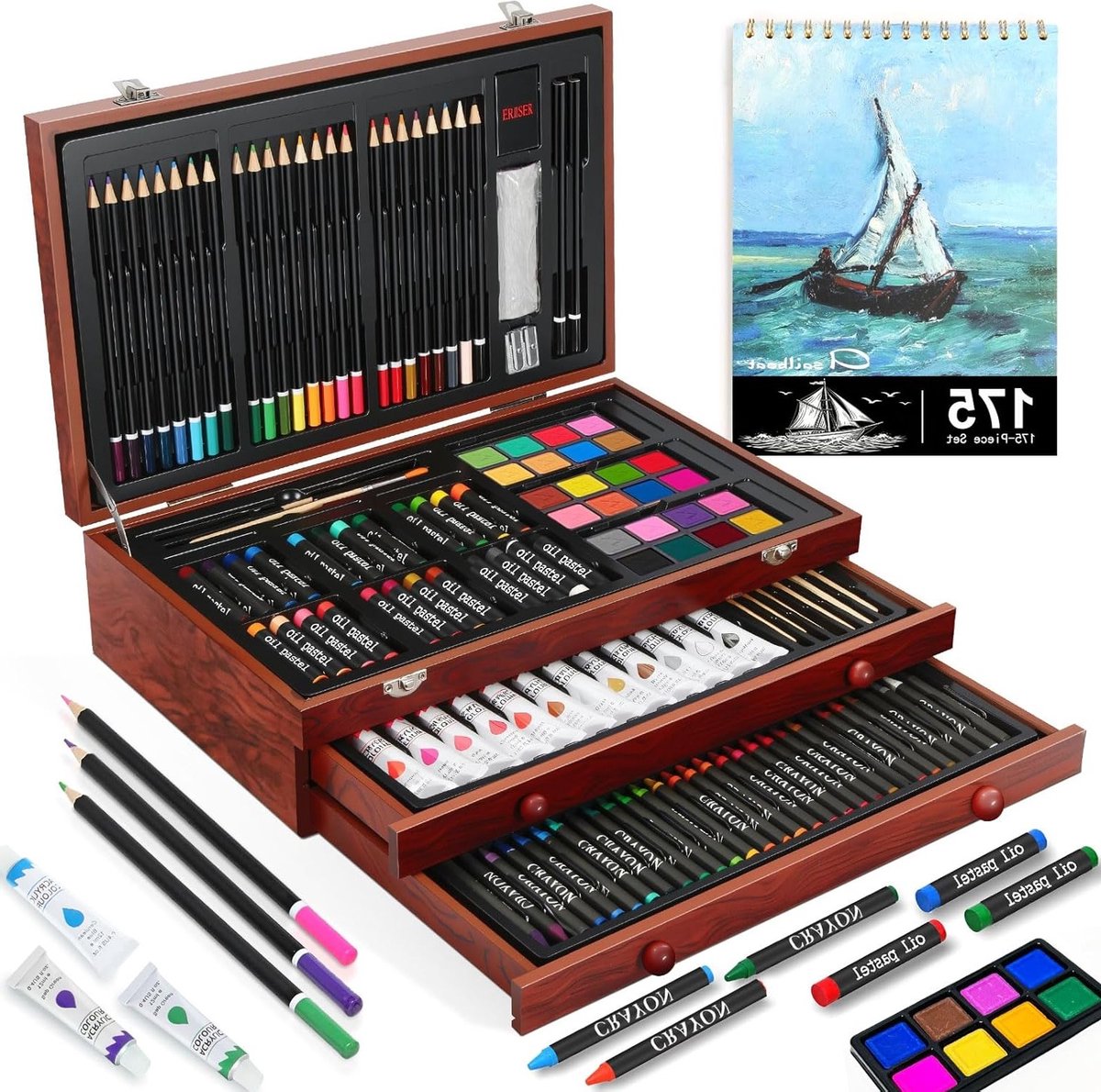 Complete 175-delige Kunstset met Houten Koffer, Inclusief Schetsboek, Acrylverf, Kleurpotloden en Creatieve Benodigdheden voor Kinderen en Beginners