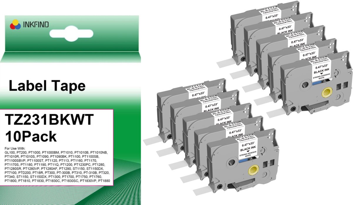 INKFIND TZe-231 TZ labelprinter-tape 10 Pack 12mm x 8 m Geschikt voor Brother Labelwriter TZe-231 TZe231 TZ-231 TZ231