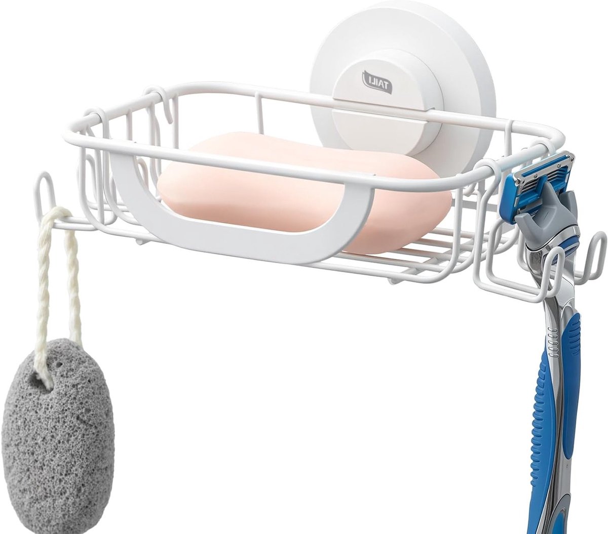 Witte Zeepdispenser met Haakjes voor Douche, Maximaal 5kg Zuigkracht, Wandmontage, Waterdicht en Verwijderbaar, Ideaal voor Badkamer en Organisatie van Badaccessoires