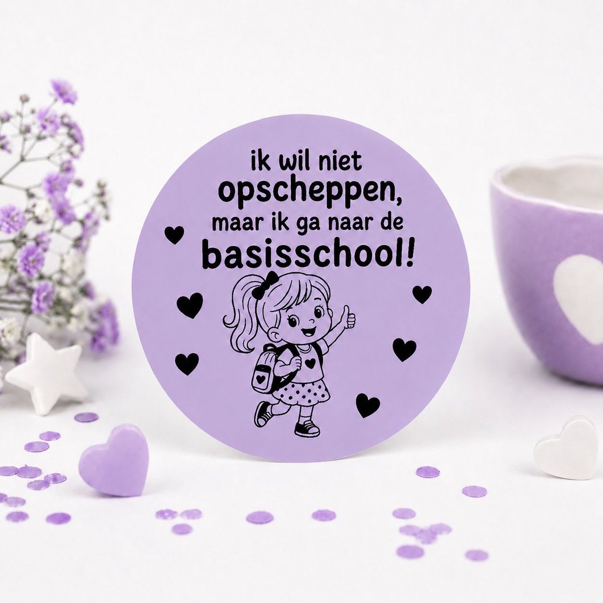 30 STUKS - Ik wil niet opscheppen, maar ik ga naar de basisschool - 30 stuks Traktatie Stickers Meisje 4 jaar - JM Woods - 30 stuks - Paars - Hartjes