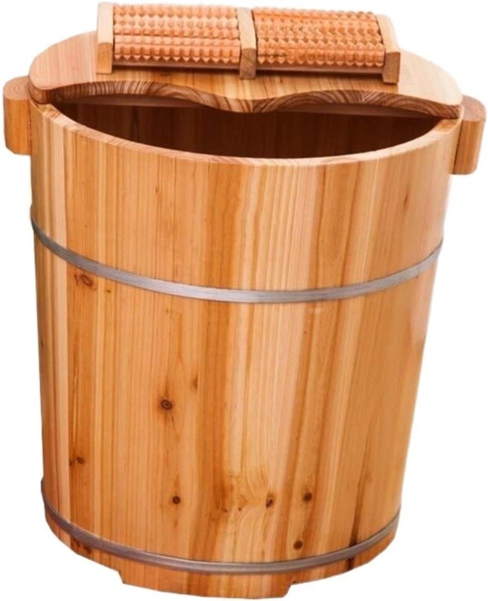 Voetenbad Houten Vat - Voet Spa Pedicurekom - Voeten Ontspannen - Met Massage Wiel - 36x40x30.5cm - Houtkleur