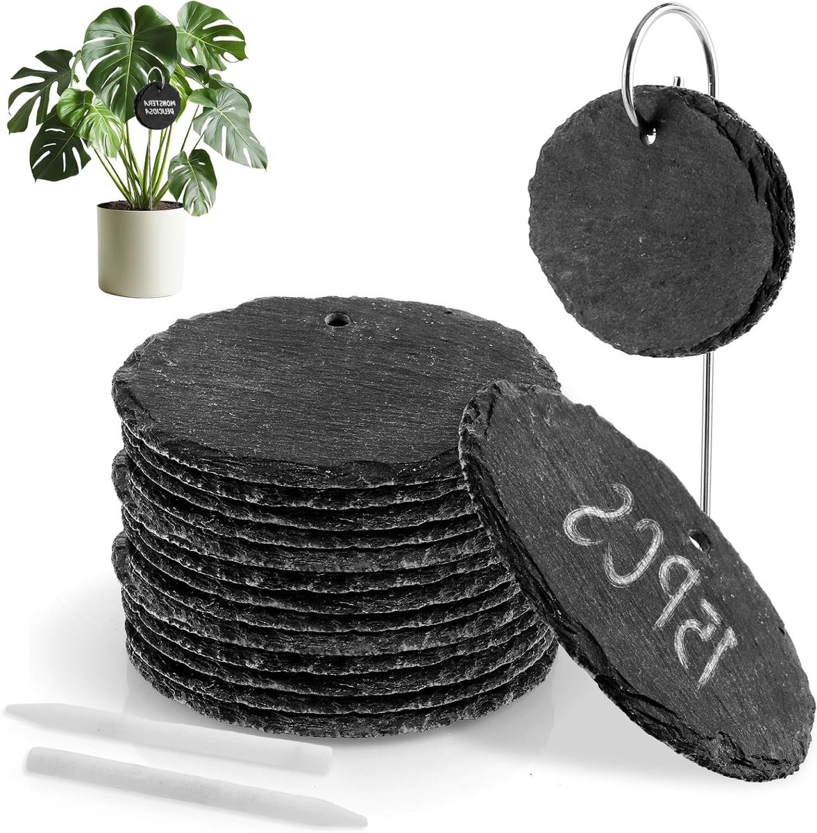 15 Stuks Leisteen Plantenbordjes voor Buiten met Krijtstift - Ideaal voor Kruiden, Bloemen en Groenten, 9 x 7 cm