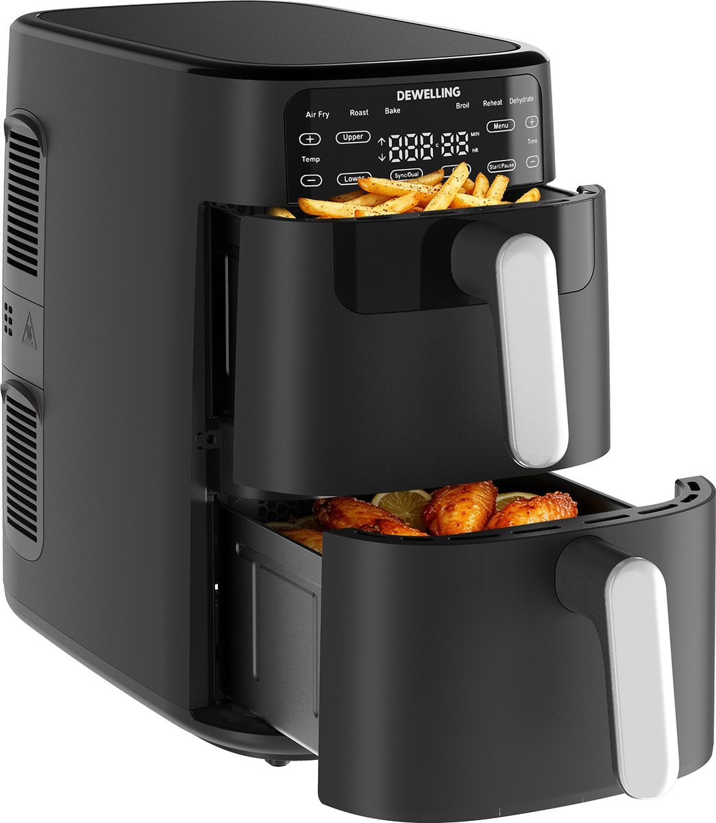 AIMASON 10L XXL Airfryer met dubbele laag - 2700W Krachtig Vetvrij Frituren - Heteluchtfriteuse met dubbele lade en verticale constructie bespaart 50% ruimte - 6-in-1 Kookstanden - Grote capaciteit voor thuisgebruik - Inclusief Receptenboek