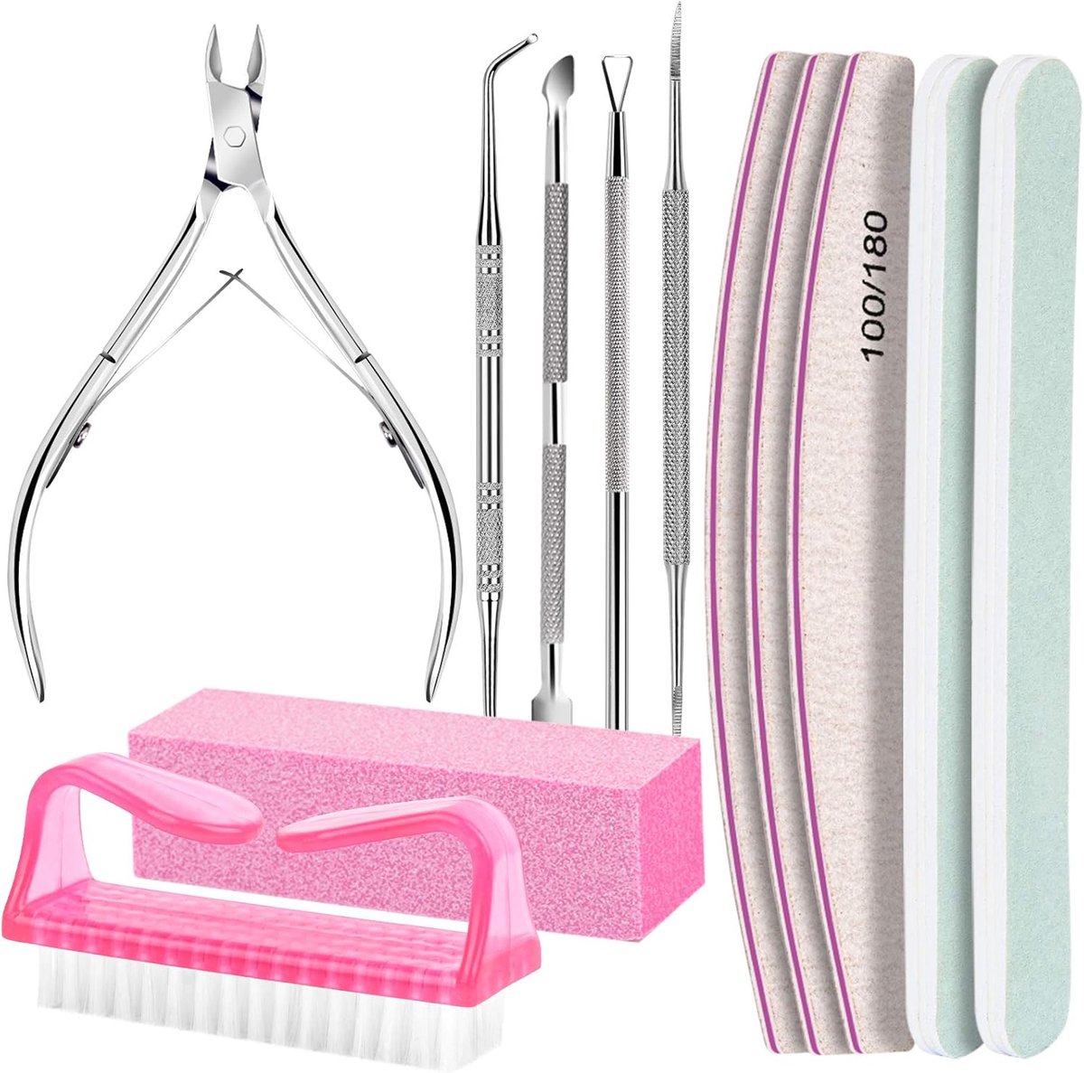 OLOEY Nagelverzorgingsset-Nagelvijlen 100/180-Polijstblok-Nagelriemknipper-Nagelriemtrimmer-Nagelriemschuiver-Nagelset-Pedicure-Manicure-instrumenten-Manicureset