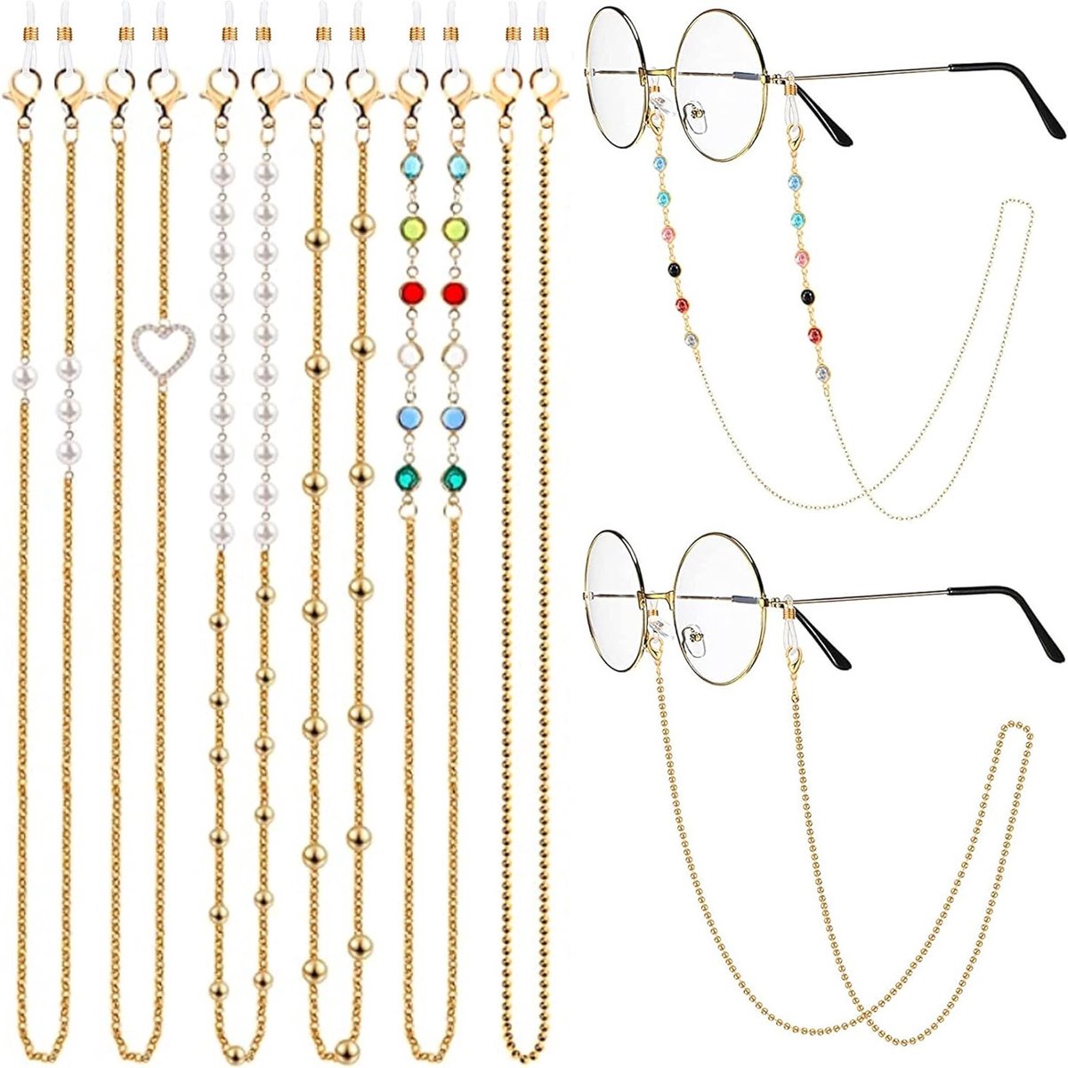 Set van 6 Brilkettingen voor Dames, Zonnebrilketting, Brilbandjes met Antislip Ringen voor Leesbrillen en Zonnebrillen, 12 Stuks
