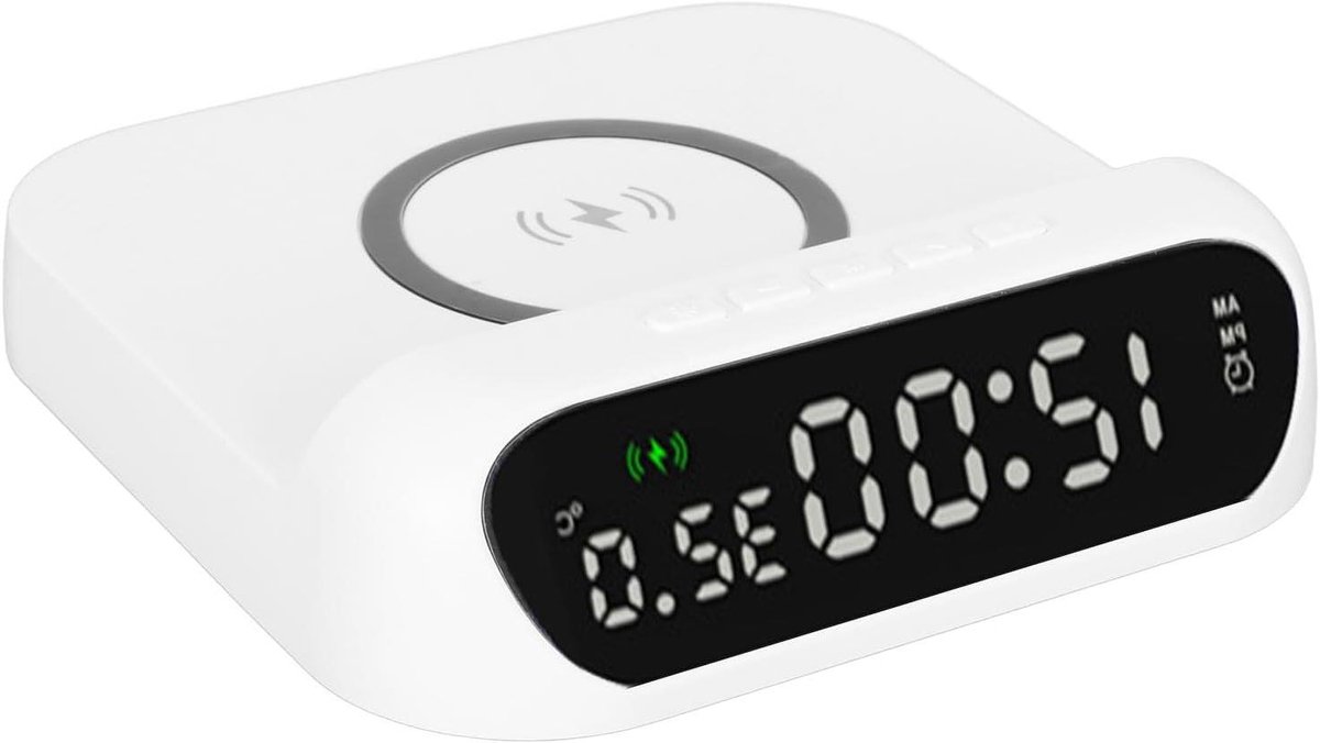 Digitale Wekker Oplader - Oplaadstation Alarm - Bureau Organisatie - Temperatuur Weergave - 13 x 13 x 5 cm - Wit