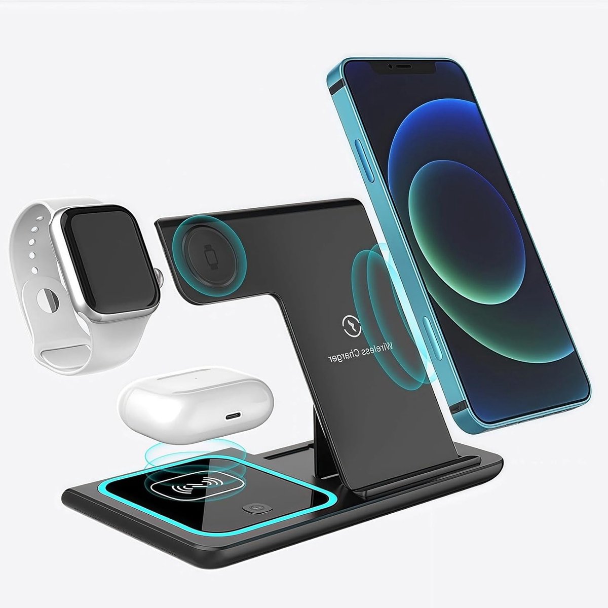 Draadloos Oplaadstation 4-in-1 voor Smartphone, Smartwatch en AirPods - 15W Vouwbaar Oplaaddock voor iPhone 16/15/14/13/12/11 Pro Max en Android Apparaten