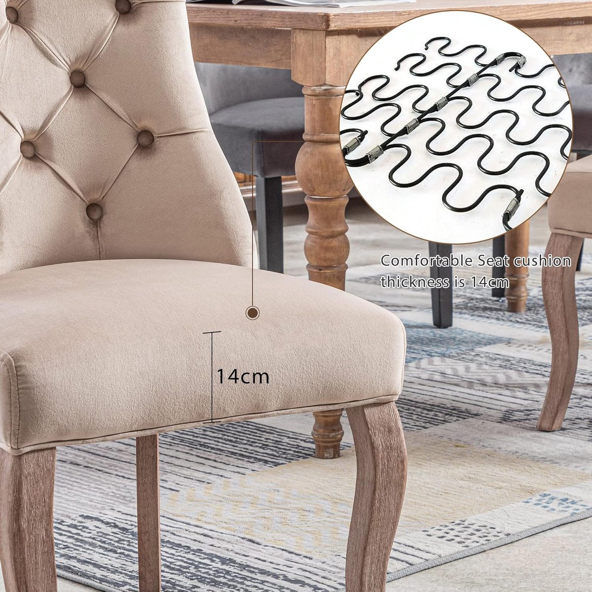 RoyalElegance Velvet Eetkamerstoelen Set van 6 – Beige Fluwelen Stoelen met Hoge Rugleuning, Knoopstiksels en Massief Houten Frame 47 x 51 x 97 cm