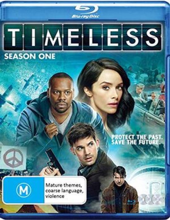 Blu-ray hoes van Timeless Seizoen 1 met de hoofdrolspelers Lucy, Wyatt en Rufus, met vliegtuigen en een vredessymbool.