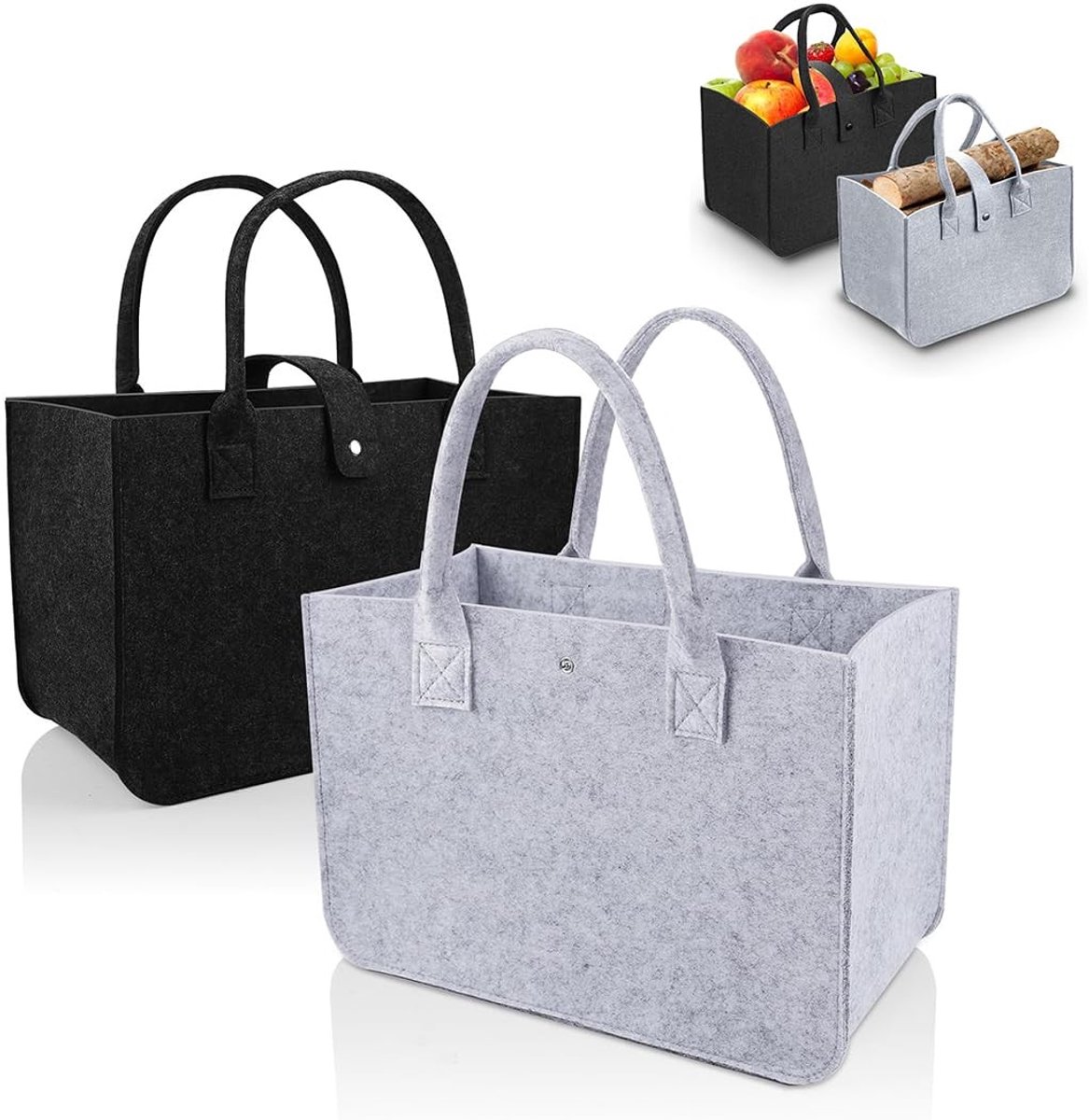 Dailygoody - Vilt Tas - Dubbel Pack - Stevige en Duurzame Shopper - Grijs en Zwart - Ideaal voor Winkelen en Picknicken - Compact en Vouwbaar