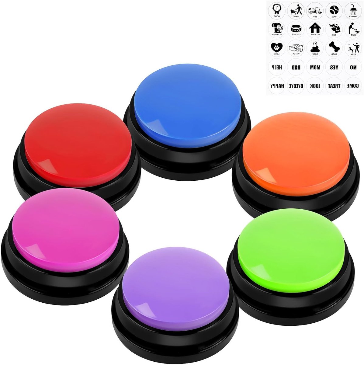 Set van 7 Honden Trainingsknoppen met 30 Seconden Opname, Stickers en Rubber Mat voor Effectieve Hondencommunicatie