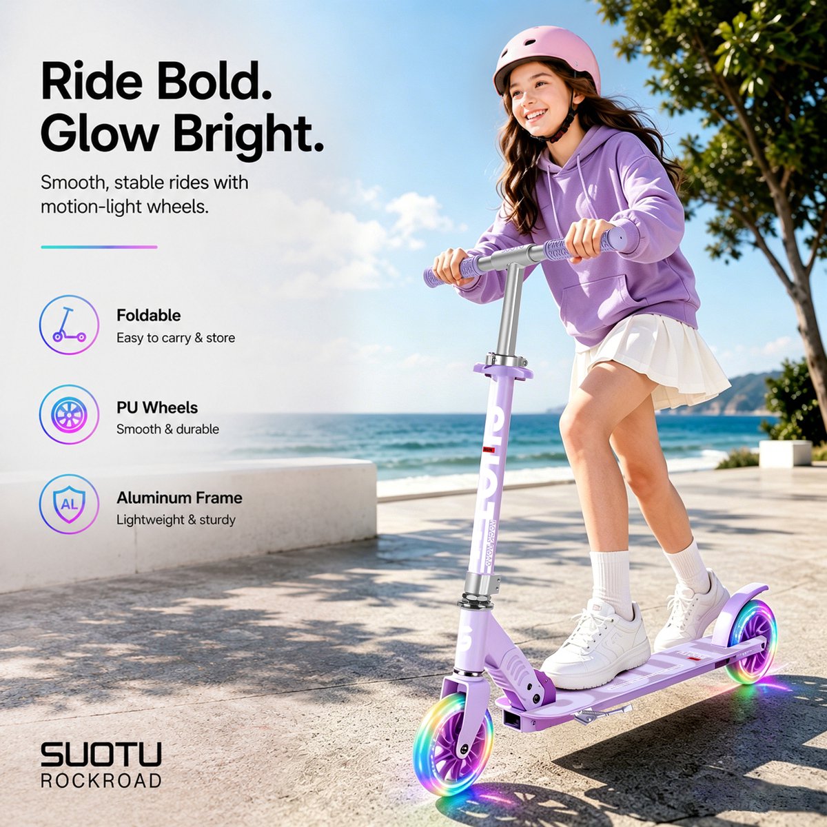 Suotu Kinderstep - 145mm Lichtgevende Wielen - Step - Speelgoed Jongens/Meisjes - Max stuurhoogte: 85 cm - Aluminium - Paars — afbeelding 6