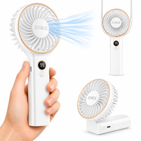 Handventilator Joyage oplaadbaar 5000mAh USB-C, 6 standen, mini draagbare nek- en tafelventilator wit