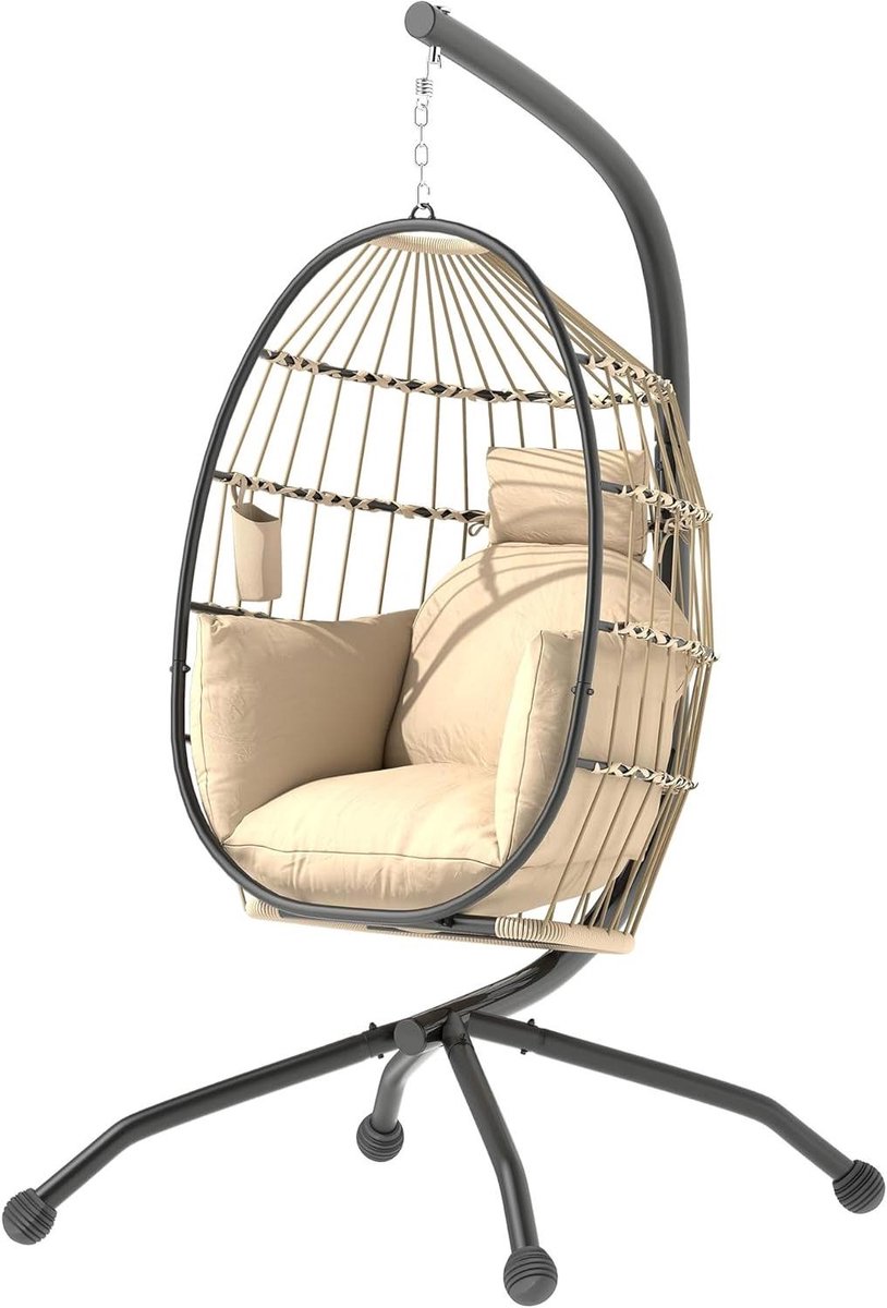 Hangstoel met frame - Schommelstoel hangmatstoel - Ontspannen in de tuin - Opvouwbare mand - 192 cm hoog - Khaki