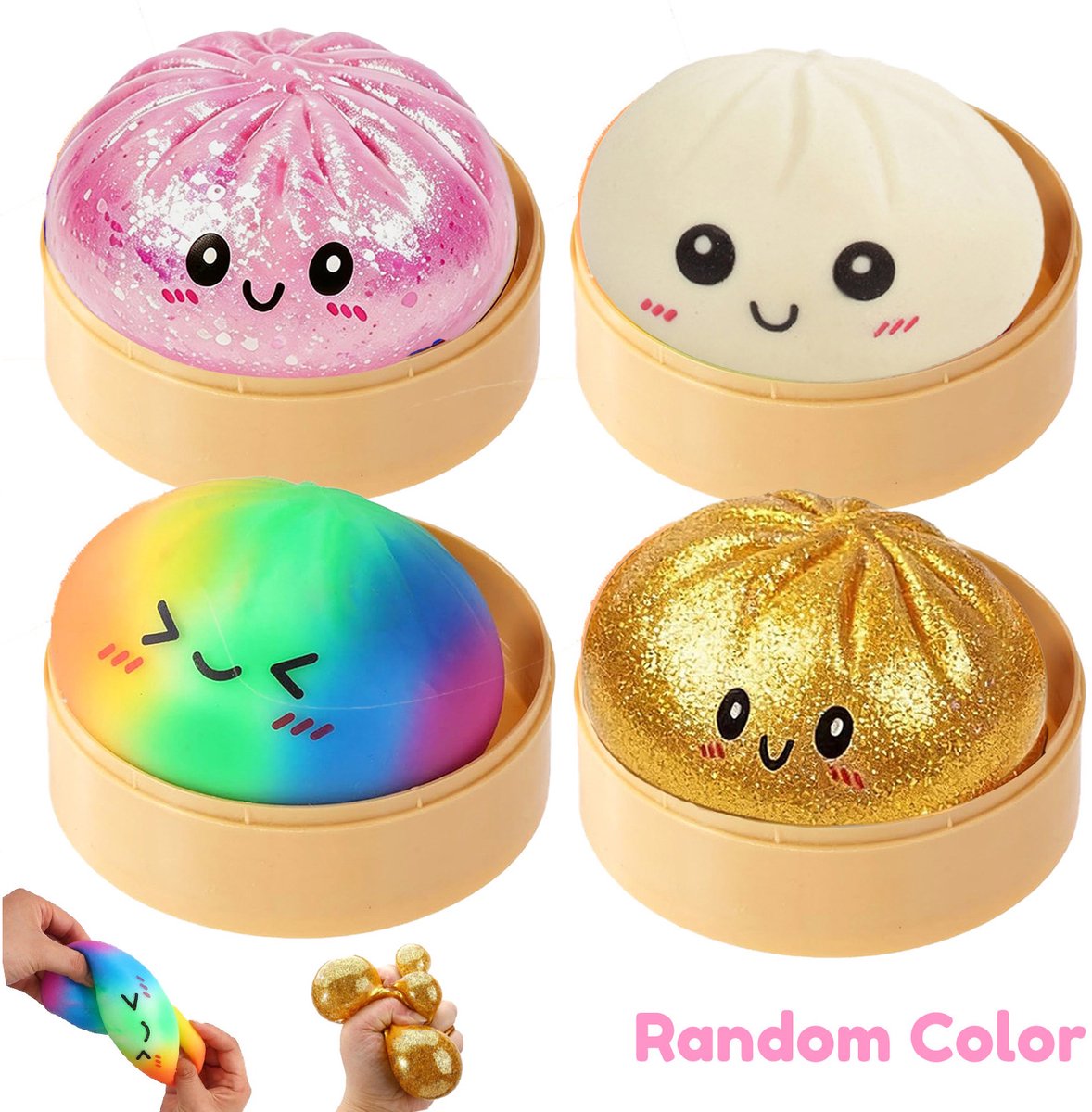 Dumpling Squishy Glitter 4 Stuks - Groot Dumpling Squishy Speelgoed met stoombox - Slow Rising stressverlichtend speelgoed - Stressballen volwassenen en kinderen - Willekeurige kleur