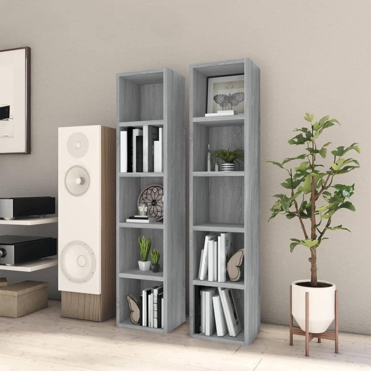 CD Kasten - Media Opbergers - Media Opslag - 5 Ruime Vakken - 2 stuks 1045 cm - Grijs Sonoma