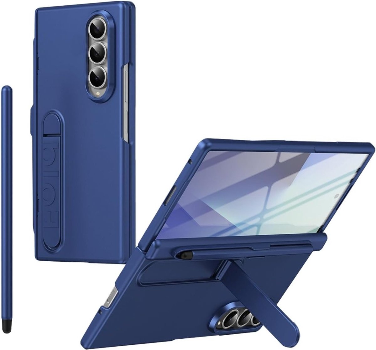 Folding Stand Case voor Galaxy Z Fold 3 met Ingebouwde Schermbeschermer, Hinge Bescherming en Penhouder - Donkerblauw, Bescherming voor Vouwtelefoon en Stylus Accessoire
