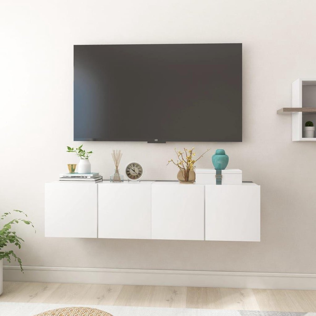 TV Wandkasten - TV Meubel Hangend - Opbergen Media - Twee Compartimenten - 60x30x30 cm - Wit