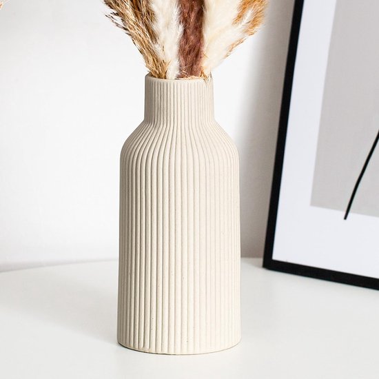 Keramische vaas voor pampasgras - Kleine vaas voor decoratie in eettafel, boekenkast, schoorsteenmantel etc. - Eenvoudige moderne Bohemische stijl (beige)