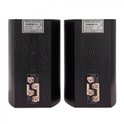 Achterkant van twee zwarte Wharfedale Diamond 9.1 luidsprekers met aansluitingen.