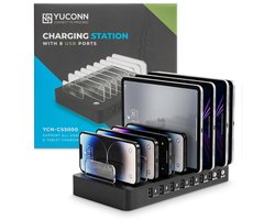 YUCONN Oplaadstation 8 poorten - Dockingstation voor telefoons - Familie Oplaadstation Smartphones/Tablets meerdere apparaten- USB Snellader - Charging Station USB-C en Lightning - Lader voor Thuis en Kantoor - Inclusief oplaadkabels - Zwart