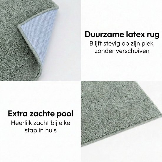Detailopname van een groene badmat met de tekst 'Duurzame latex rug, Blijft stevig op zijn plek, zonder verschuiven' en 'Extra zachte pool, Heerlijk zacht bij elke stap in huis'.