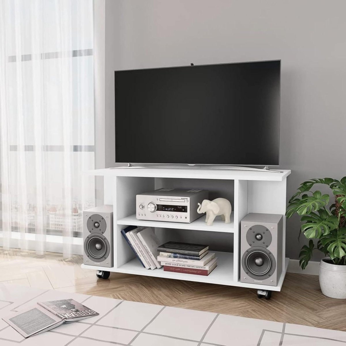 Tv-kast - Mediab প্রয়োজনীয় - Opbergen van apparatuur - Met wieltjes - 80x40x40 cm - Wit
