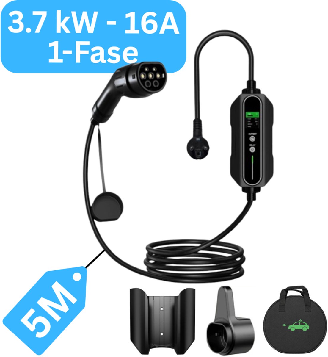Mobiele Thuislader 3,7 kW set met ophangmateriaal en tas - IP67 Waterdicht - Type 2 vanaf stopcontact EU - 8A-16A - 1 Fase - 5 meter